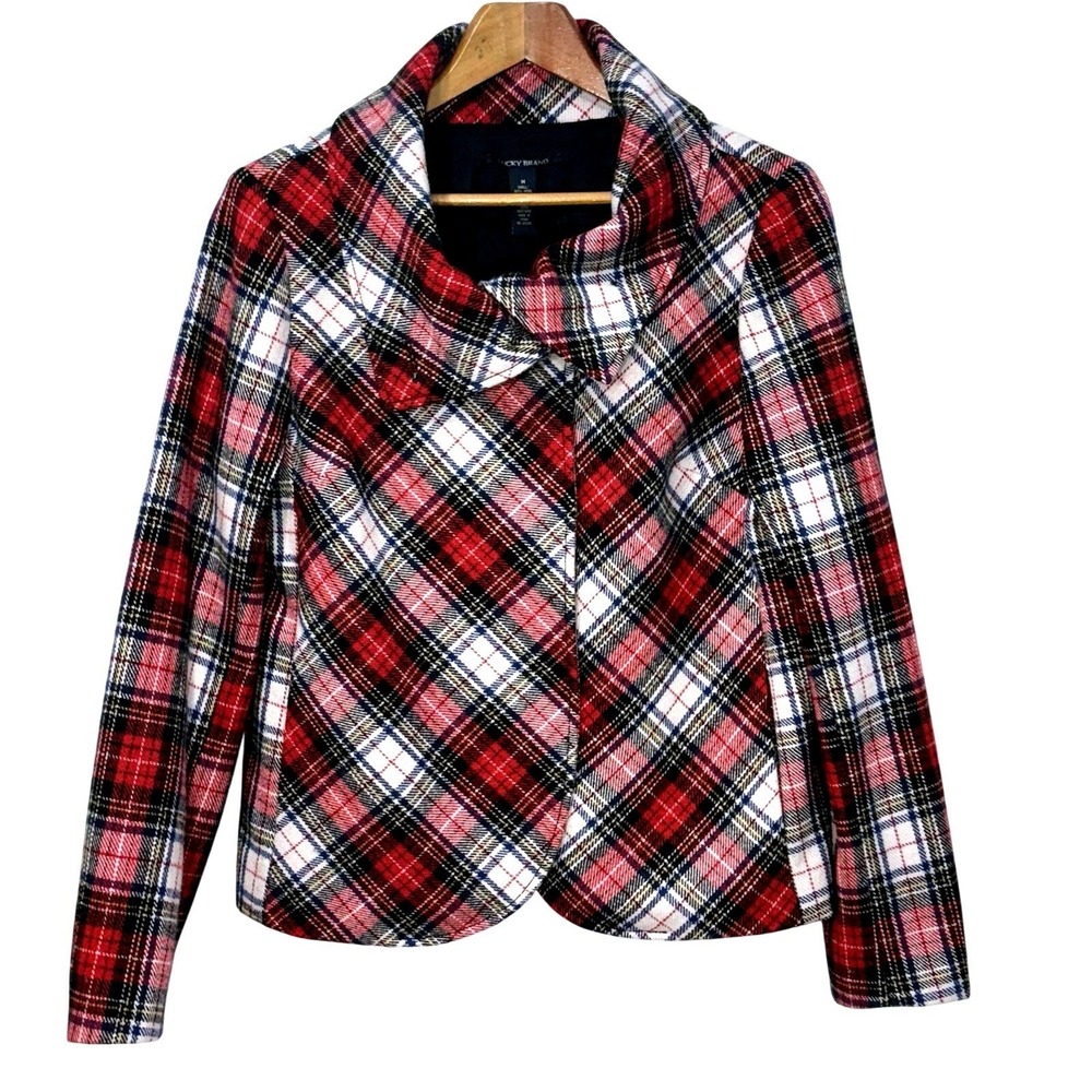 Vtg Y2K Lucky Wool Blend Tartan Jacket Medium Cowl Neck Academia Preppy Heritage